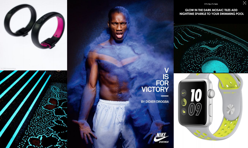 A moodboard consisting of neon colored patterns and sports tech, like fitness bracelets and the Nike Apple Watch band.